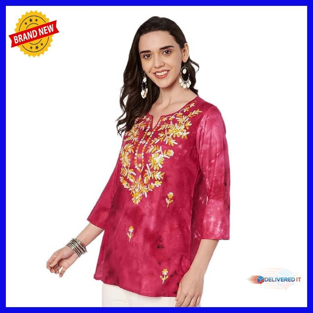 Embroidered Short Kurti Tunic Top 3/4 Sleeve V-Neck Floral Design